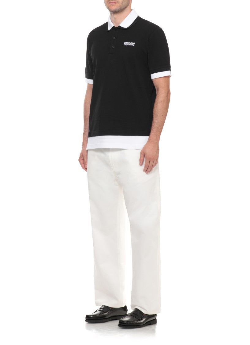 Moschino Black Double Collar Embroidered Logo Cotton Polo Shirt