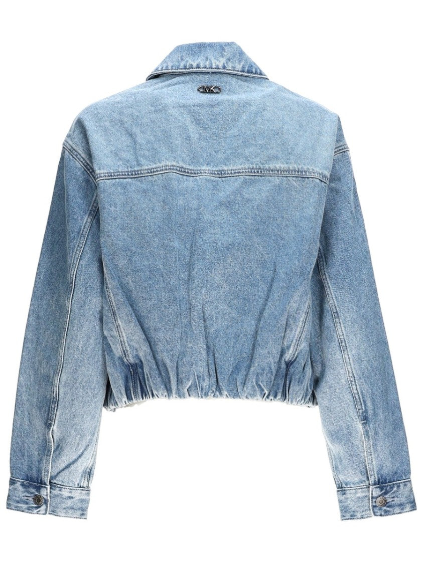 Michael Michael Kors Light Blue Cropped Elasticized Denim Bomber Jacket