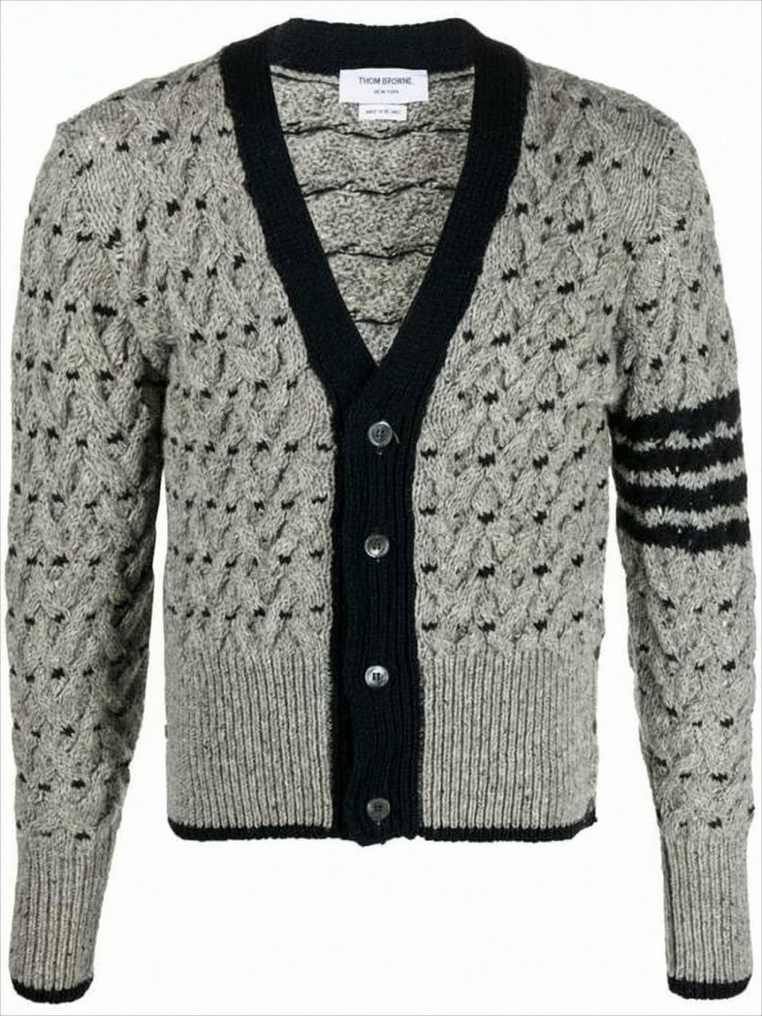 Thom Browne Textured Knit Cardigan With Deep V-Neckline