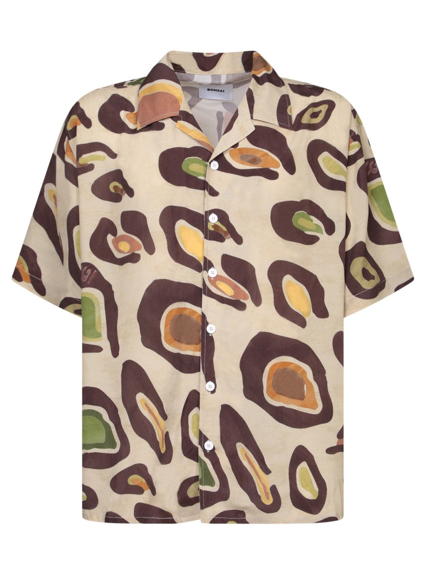 Bonsai Patterned Bowling Neck Shirt In Viscose With Design