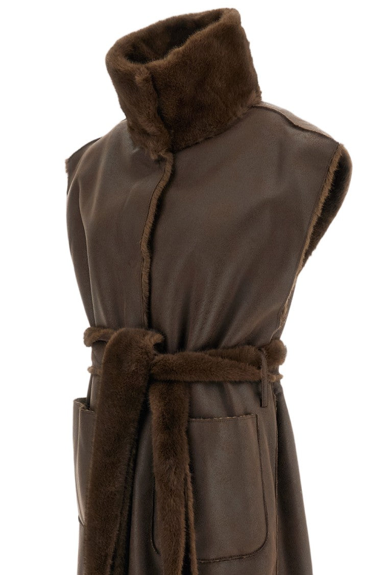 Stand Studio Brown Oaklynn Reversible Belted Long Faux Fur Vest
