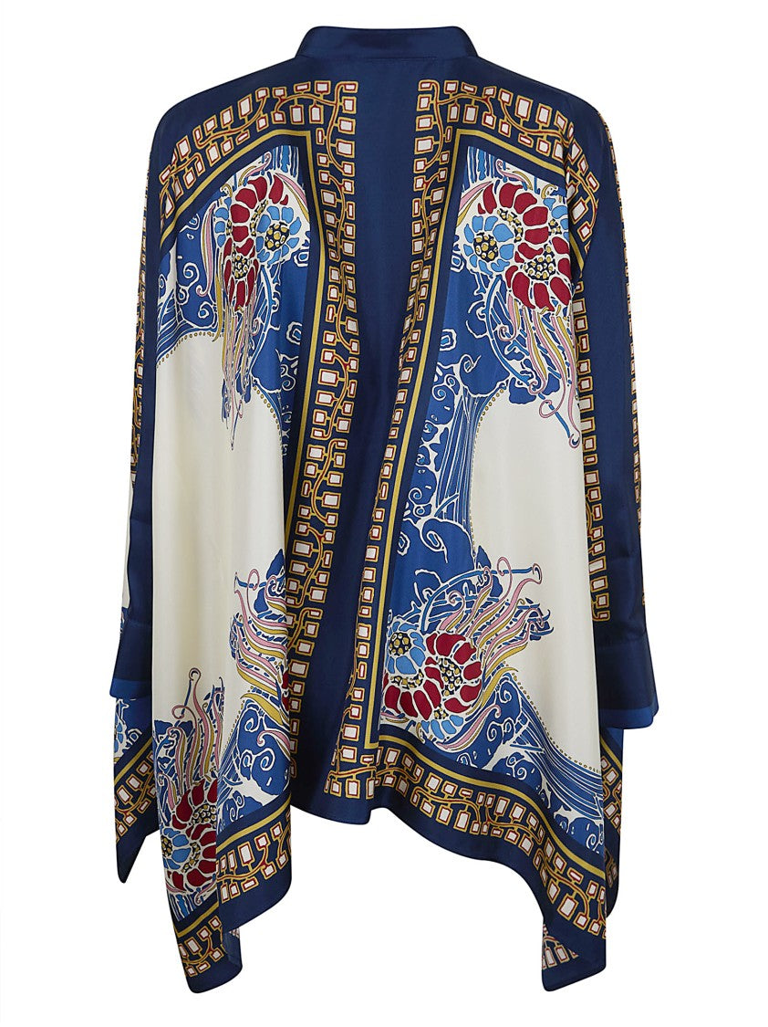 La Double J Cascading Silk Foulard Shirt With Vibrant Floral And Geometric Print
