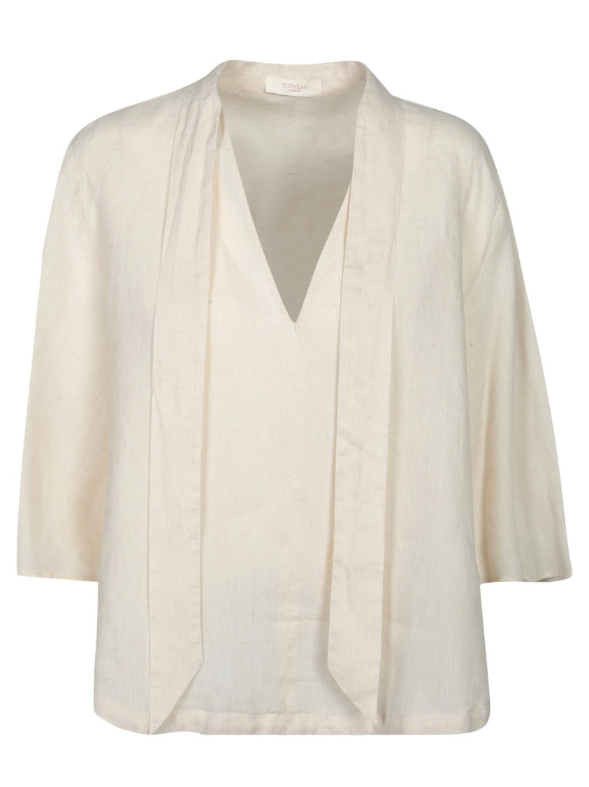 Incotex Ivory Linen Blouse With V-Neckline