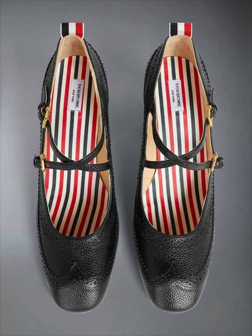 Thom Browne Black Leather Mary Jane Pumps With Double Strap And Gold-Tone Buckles