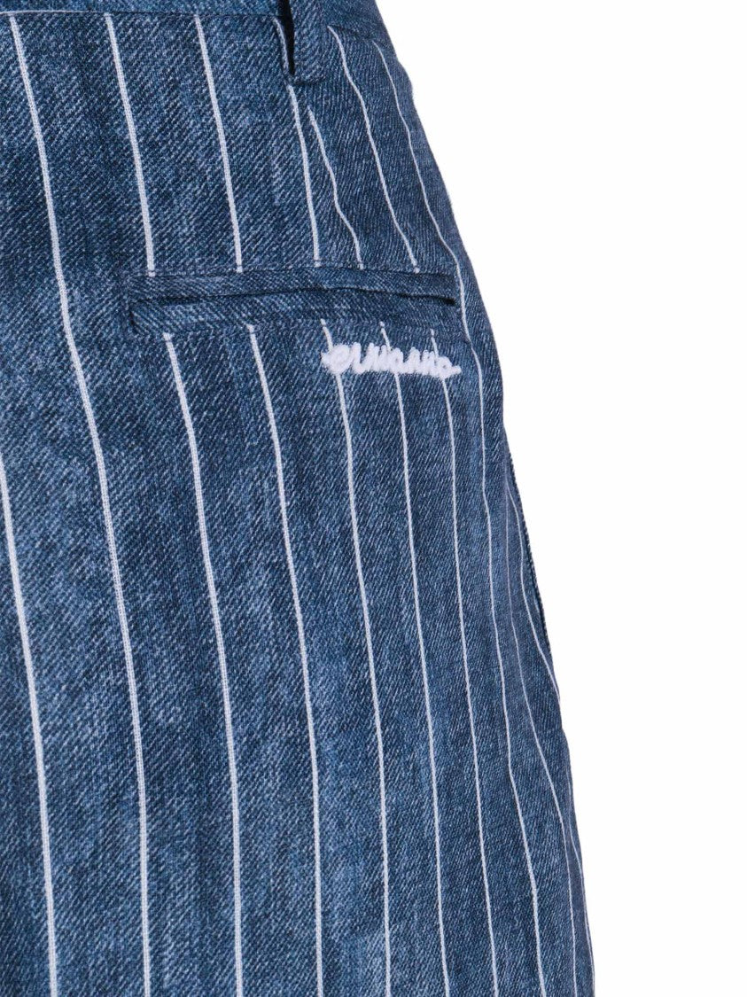 Ermanno Scervino Relaxed Fit Deep Blue Linen Pants With Vertical Pinstripes