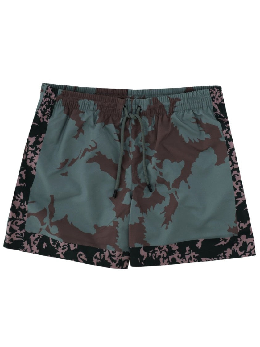 Dries Van Noten Green Floral Print Polyamide Denim Shorts