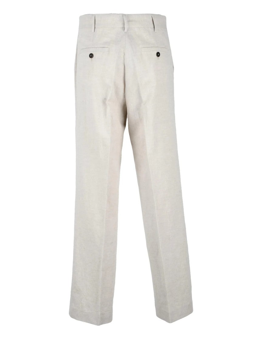Pomandère Beige Linen-Blend Straight-Leg Pants