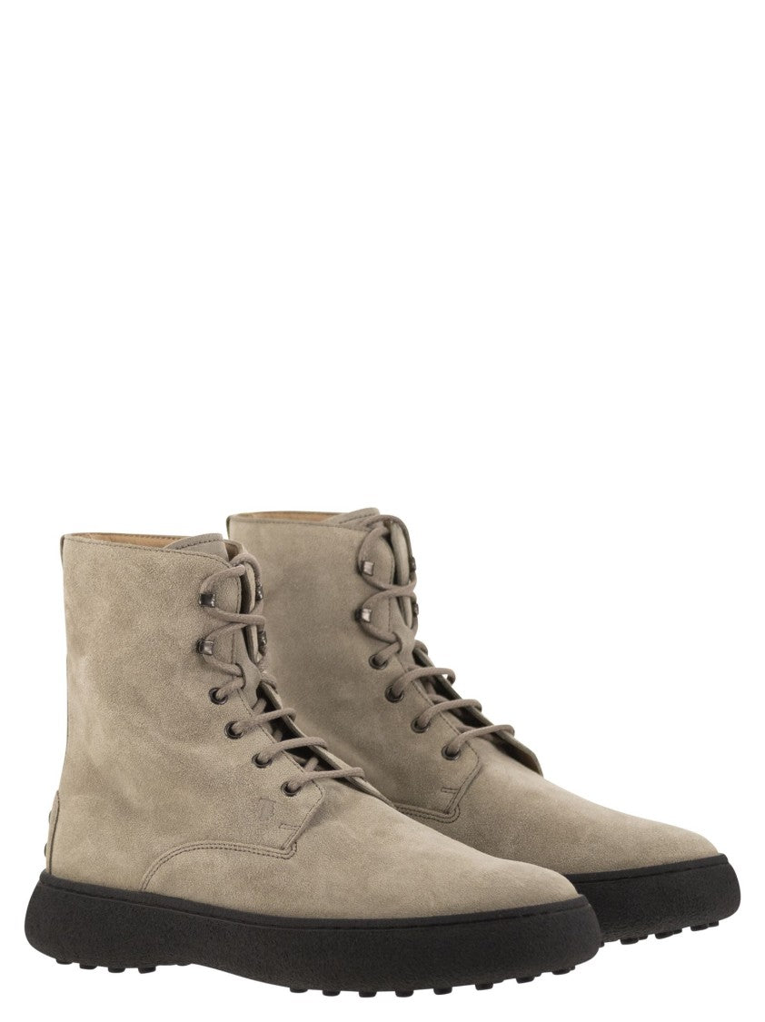 Tod's Ankle Suede Lace-Up Boot With Iconic Rubber Sole