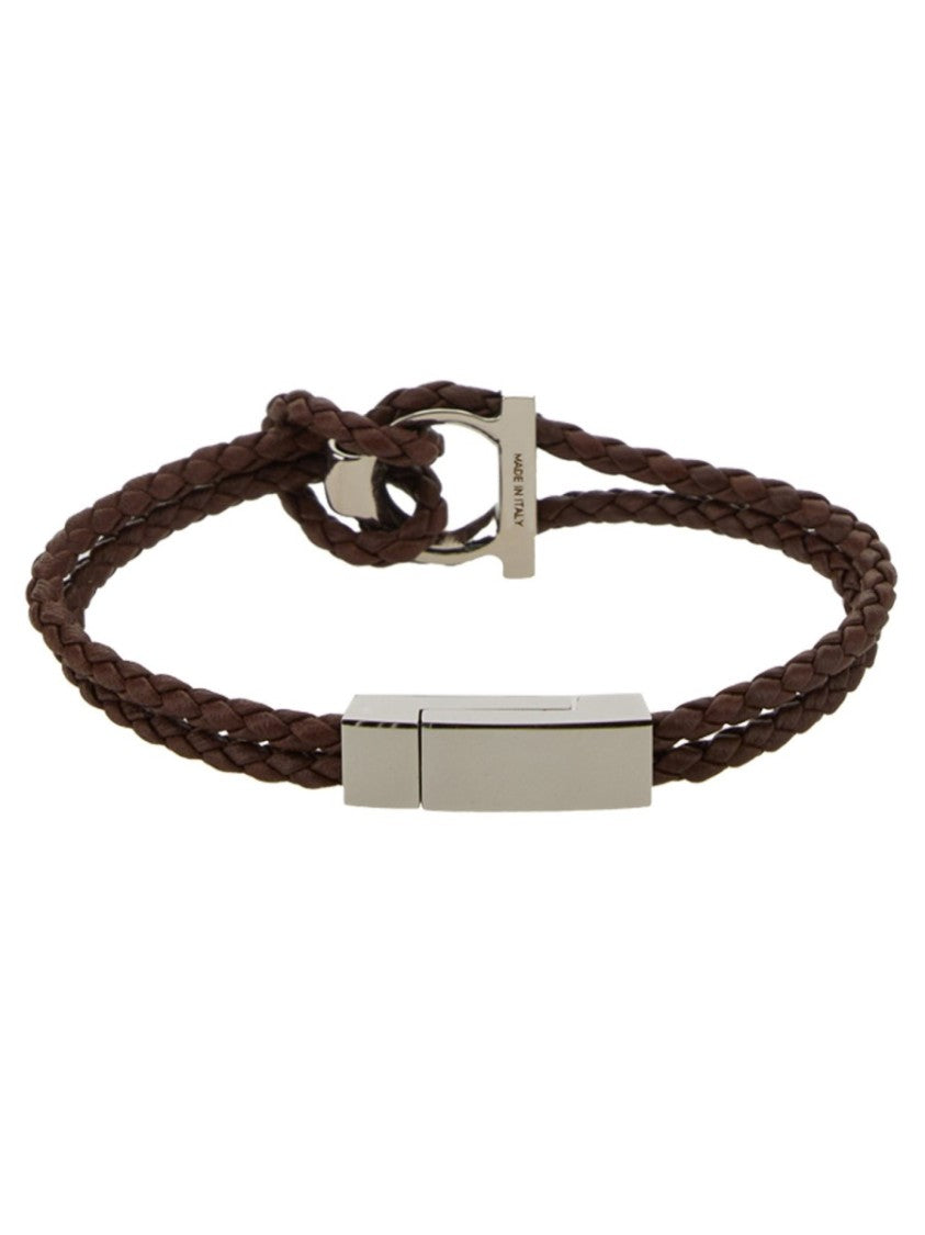Ferragamo Double Braided Calf Leather Bracelet With Polished Metal Clasp