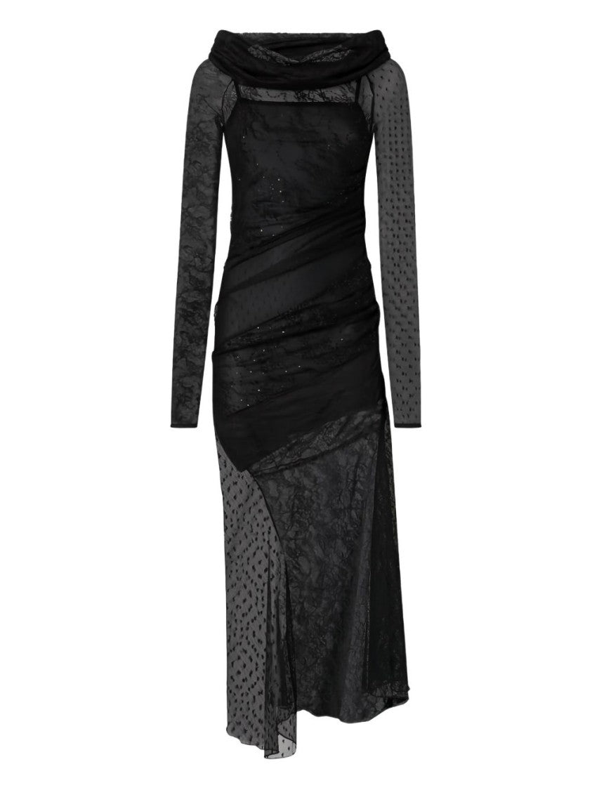 Pinko Off-The-Shoulder Black Lace Midi Dress