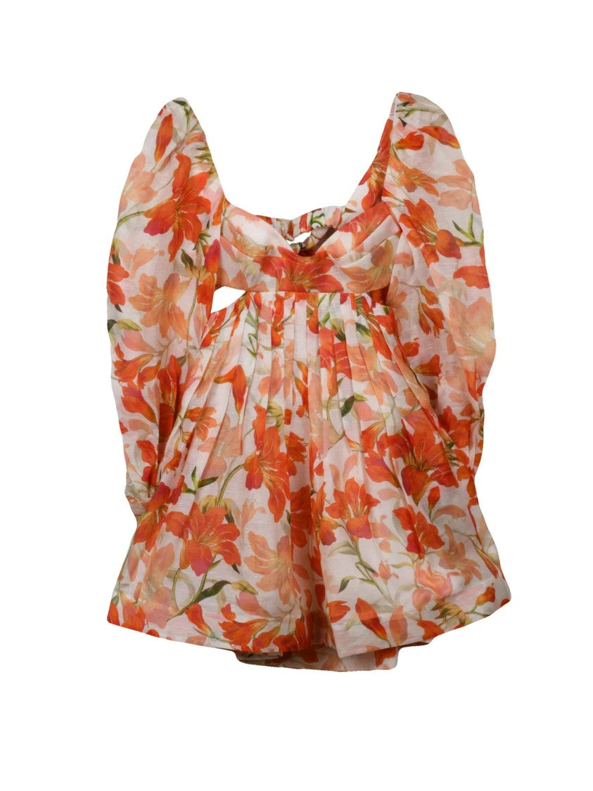 Zimmermann Floral Mini Dress With Balloon Sleeves And Zip Closure