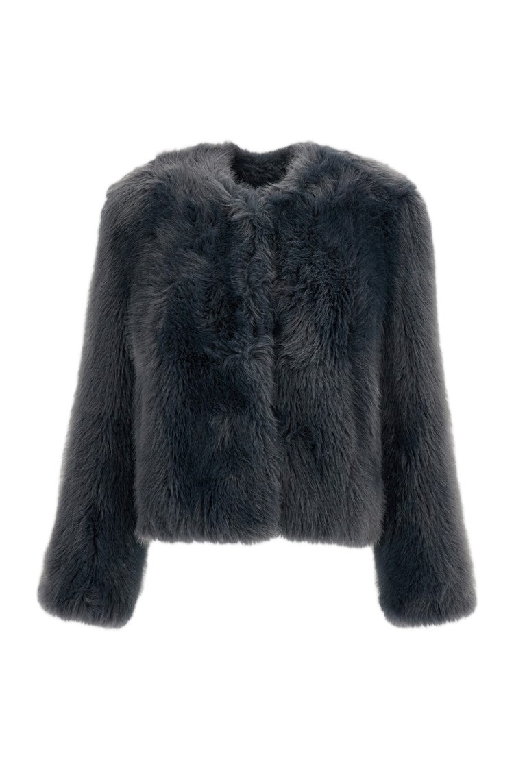 Stand Studio Blue Halle Collarless Boxy Faux Fur Jacket