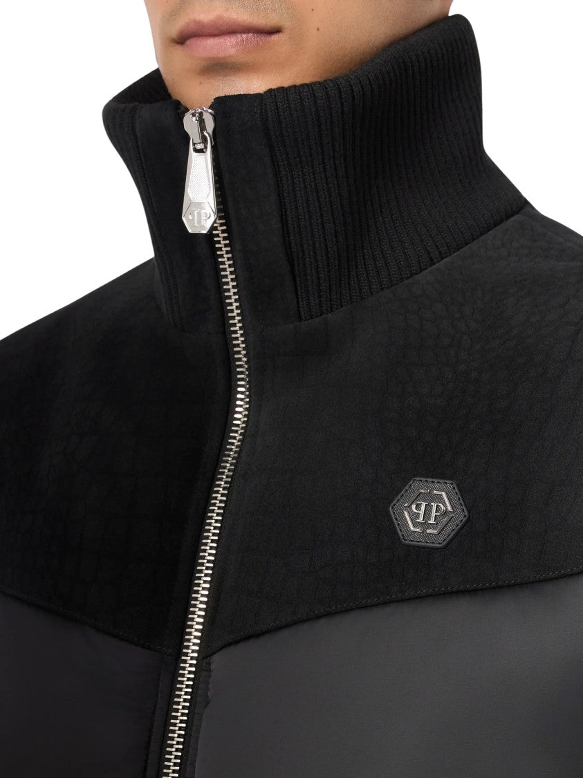 Philipp Plein Matte Nylon Puffer Jacket Textured Panel Canvas Down Jacket