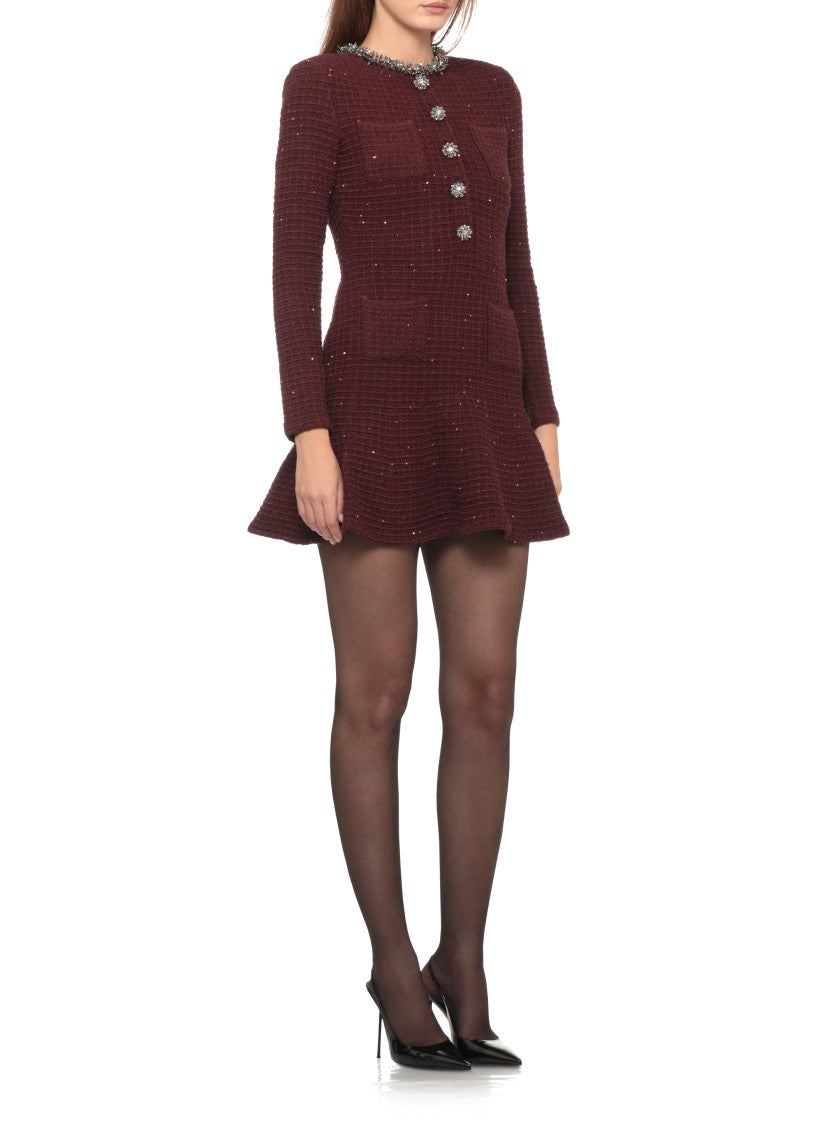 Self-Portrait Bordeaux Sequins Jewel Button Knit Mini Dress