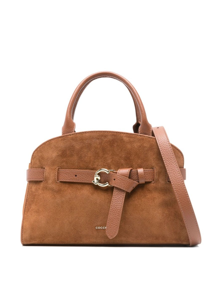 Coccinelle Structured Brown Calf Suede Handbag With Gold-Tone Buckle