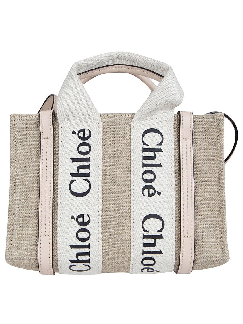 Chloé Rectangular Tote Bag In Textured Linen Canvas And Glossy Calf Leather