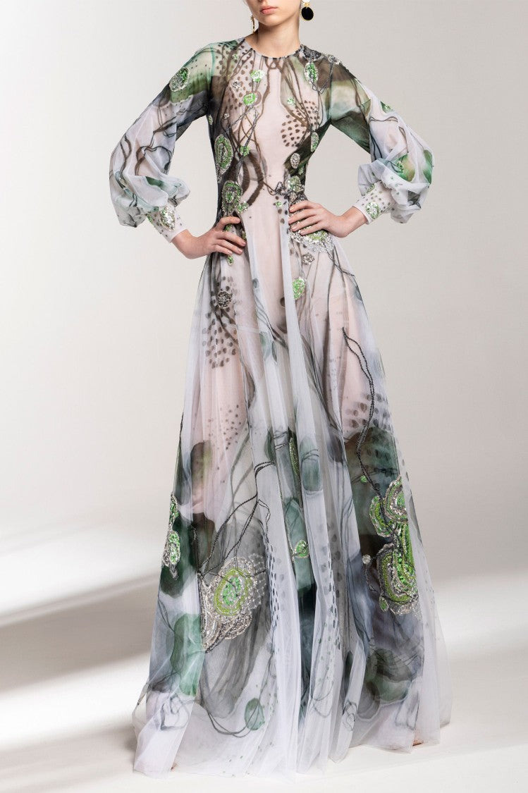 Saiid Kobeisy Tulle Printed Dress With Beading