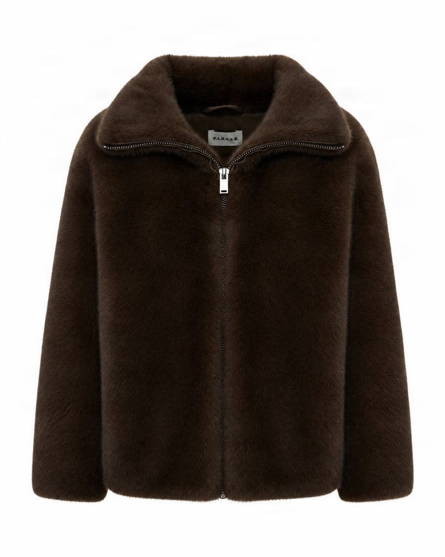 P.A.R.O.S.H. Boxy Short Jacket With Faux Fur Surface And Zip Closure