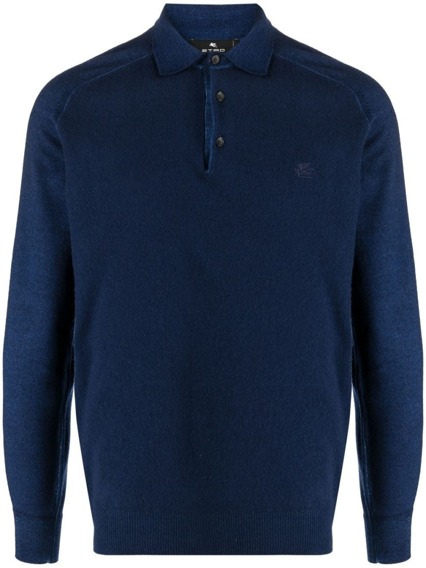 Etro Blue Refined Long-Sleeve Wool Polo Shirt