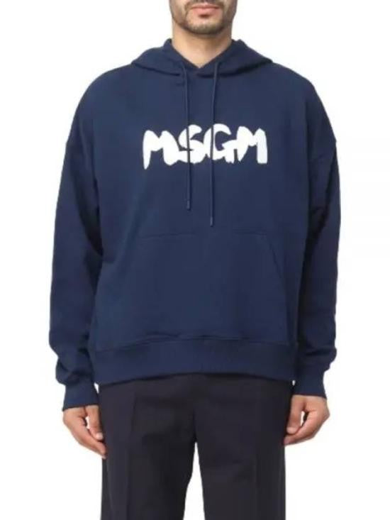 Msgm Navy Blue Graphic Hoodie With Drawstring