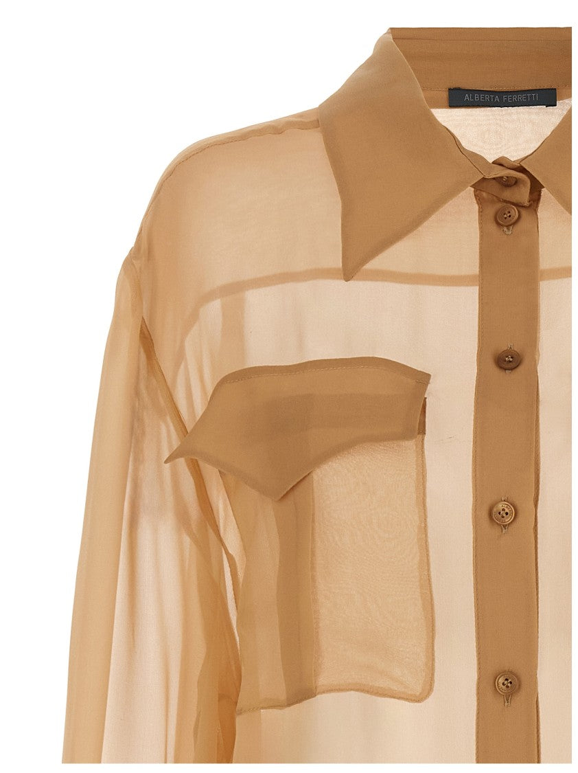 Alberta Ferretti Transparent Silk Chiffon Shirt With Front Pockets And Button Closure