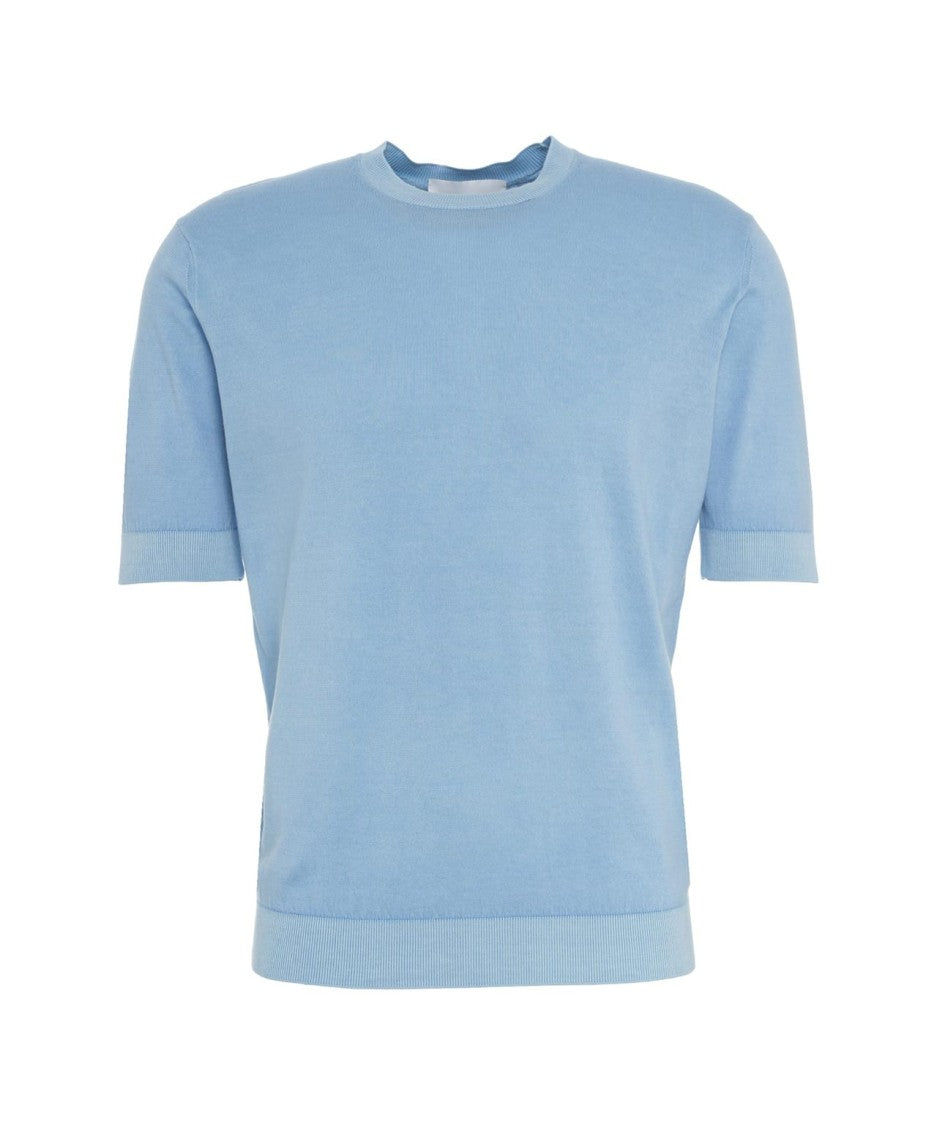 Gender Ribbed Blue Knit T-Shirt With Classic Fit