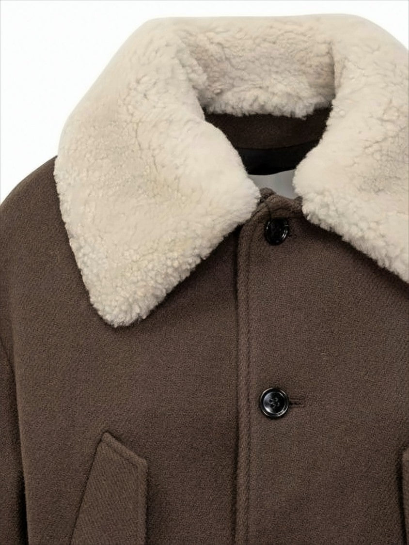 Ami Cropped Wool Jacket With Plush Shearling Collar