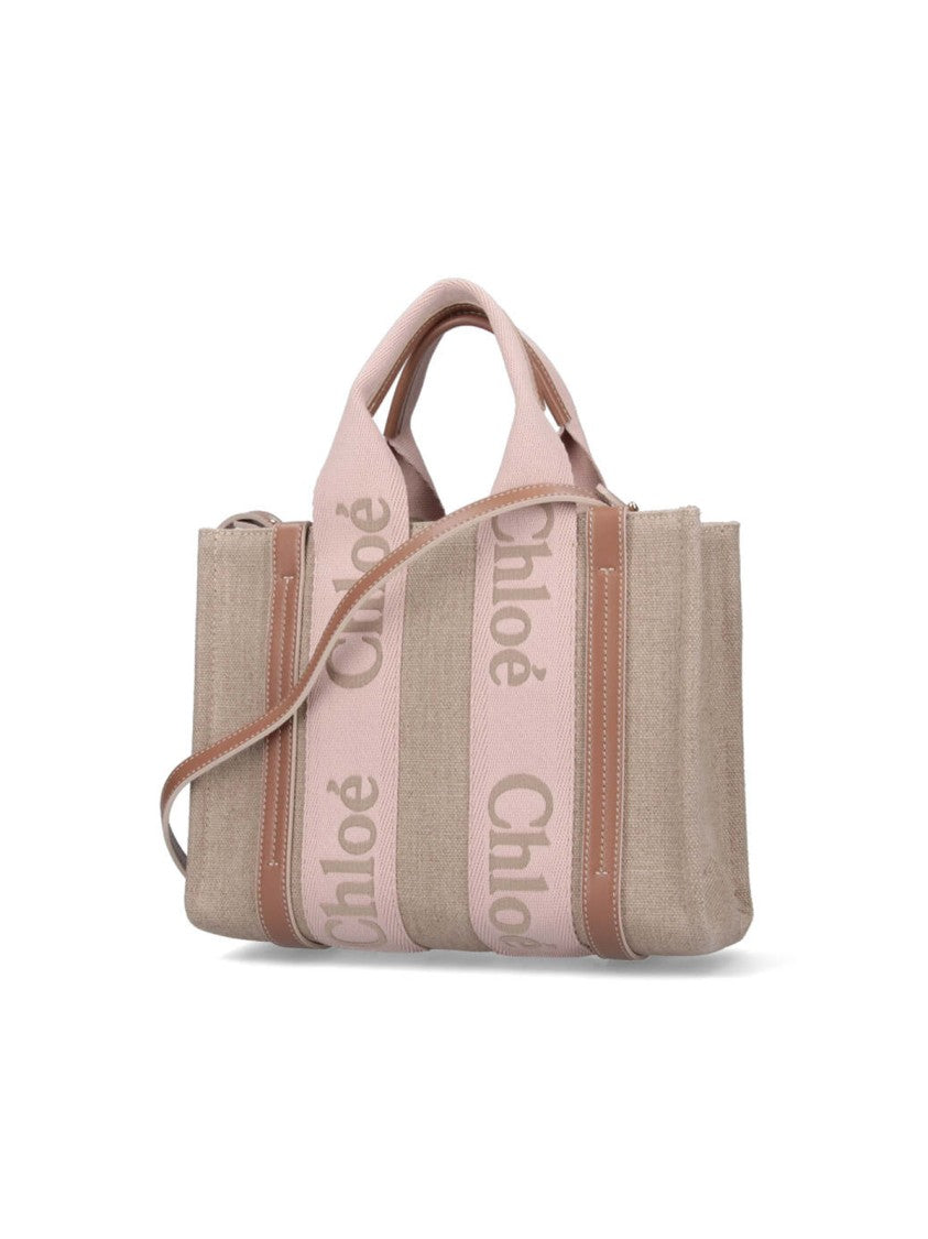 Chloé Beige Linen Tote With Calfskin Accents And Logo Detail