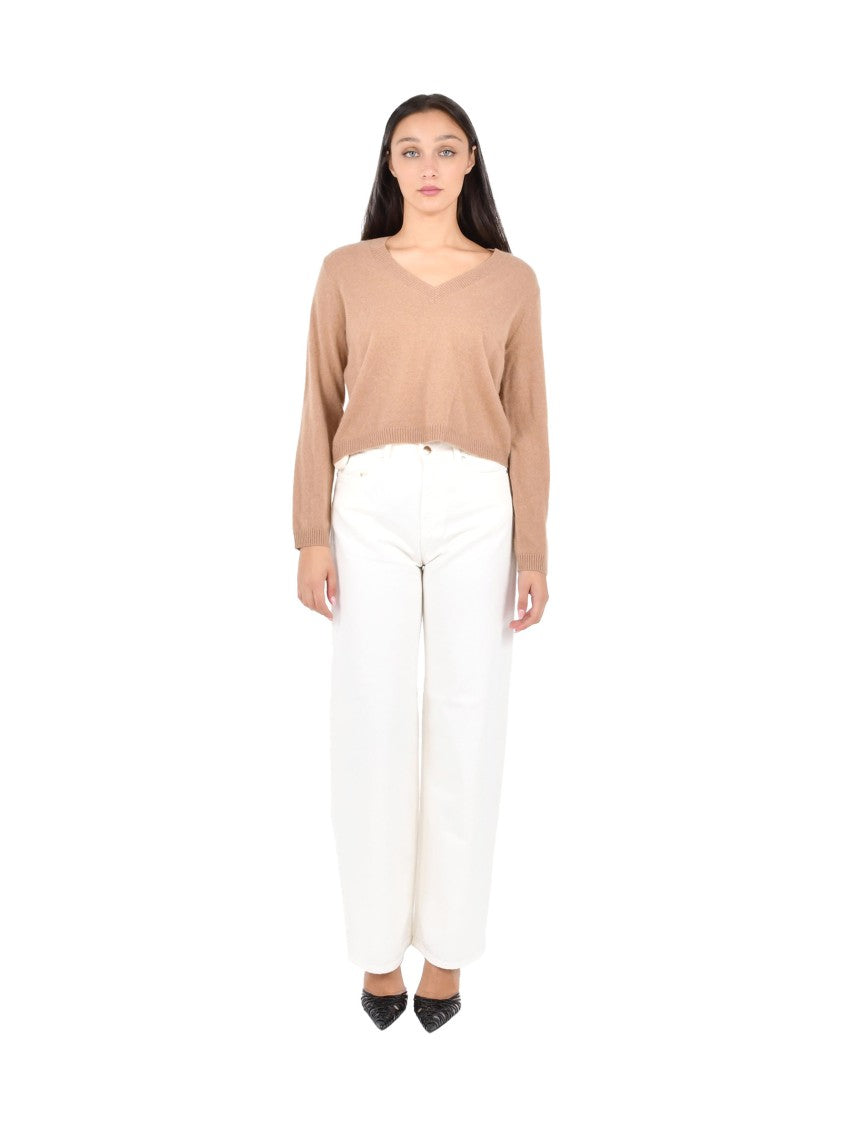 Pennyblack Camel V-Neck Pullover Sweater With Ribbed Trims