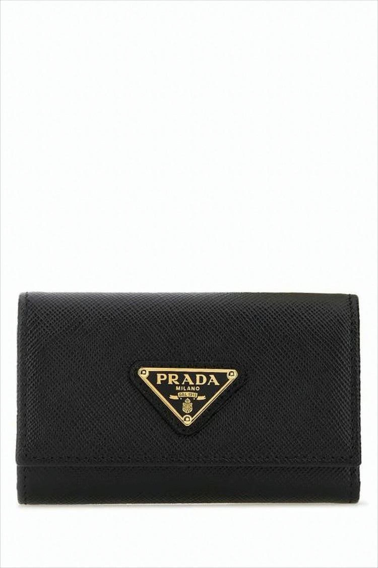 Prada Textured Calfskin Leather Keyring With Triangular Metal Logo