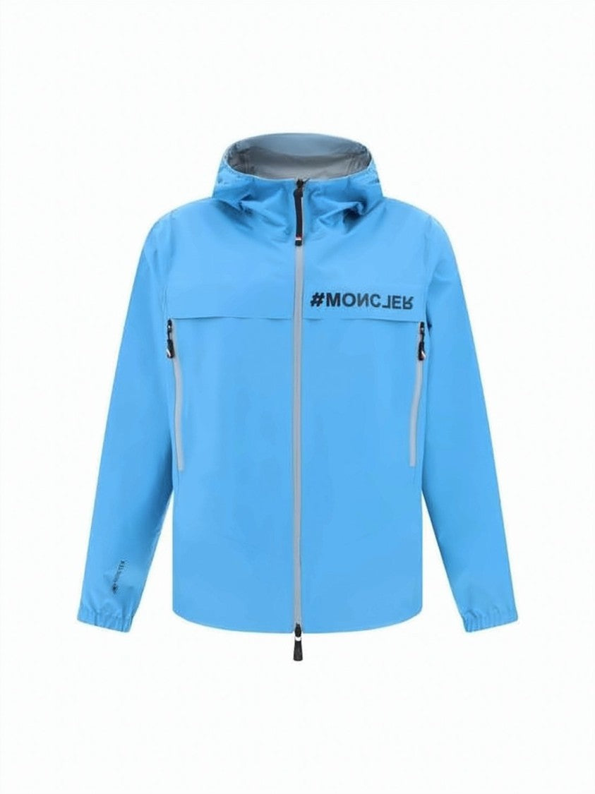 Moncler Sky Blue Jacket With Hood And Bold Branding