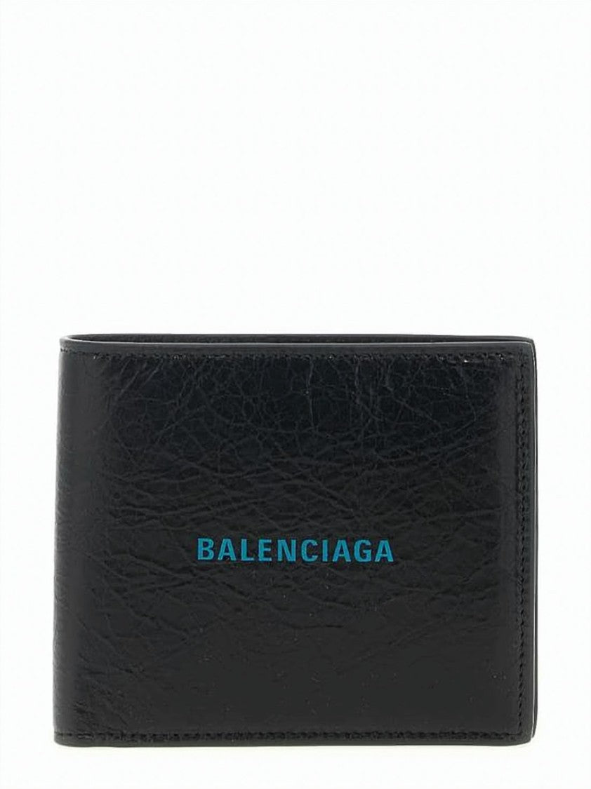 Balenciaga Textured Leather Bifold Wallet With Blue Logo Detail