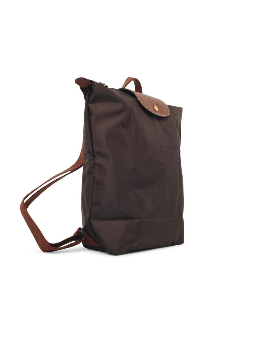 Longchamp Moka Nylon Compact Backpack With Leather Flap And Adjustable Straps