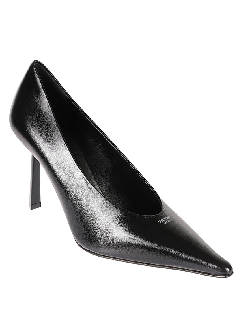 Prada Pointed-Toe Black Leather Pumps With Flared Mid-Heel