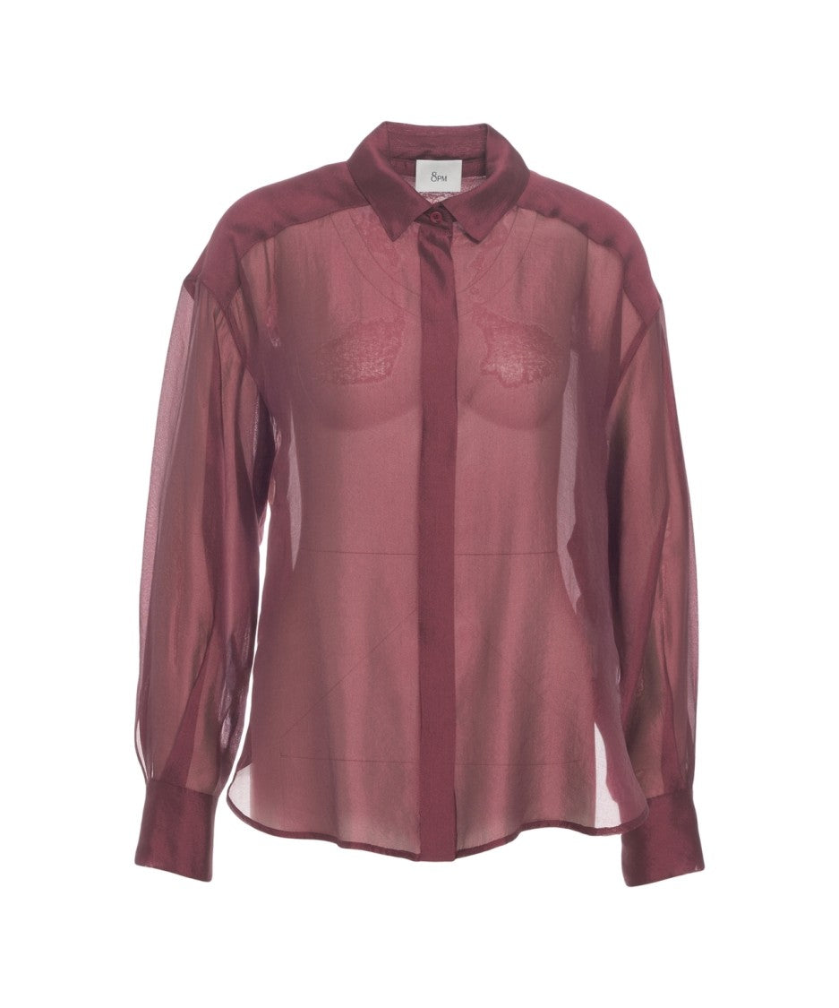 8Pm Semi-Transparent Burgundy Blouse With Classic Shirt Collar And Fitted Cuffs