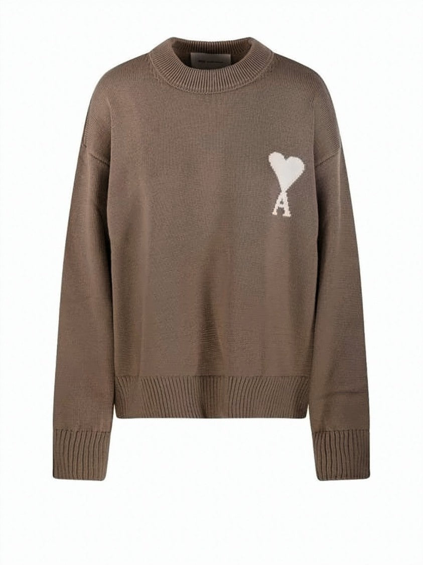 Ami Paris Knit Crewneck Sweater With Heart Motif In Brown
