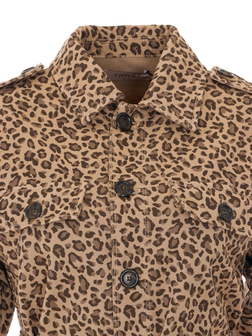 Twin-Set Leopard Print Casual Jacket With Structured Collar And Matching Belt