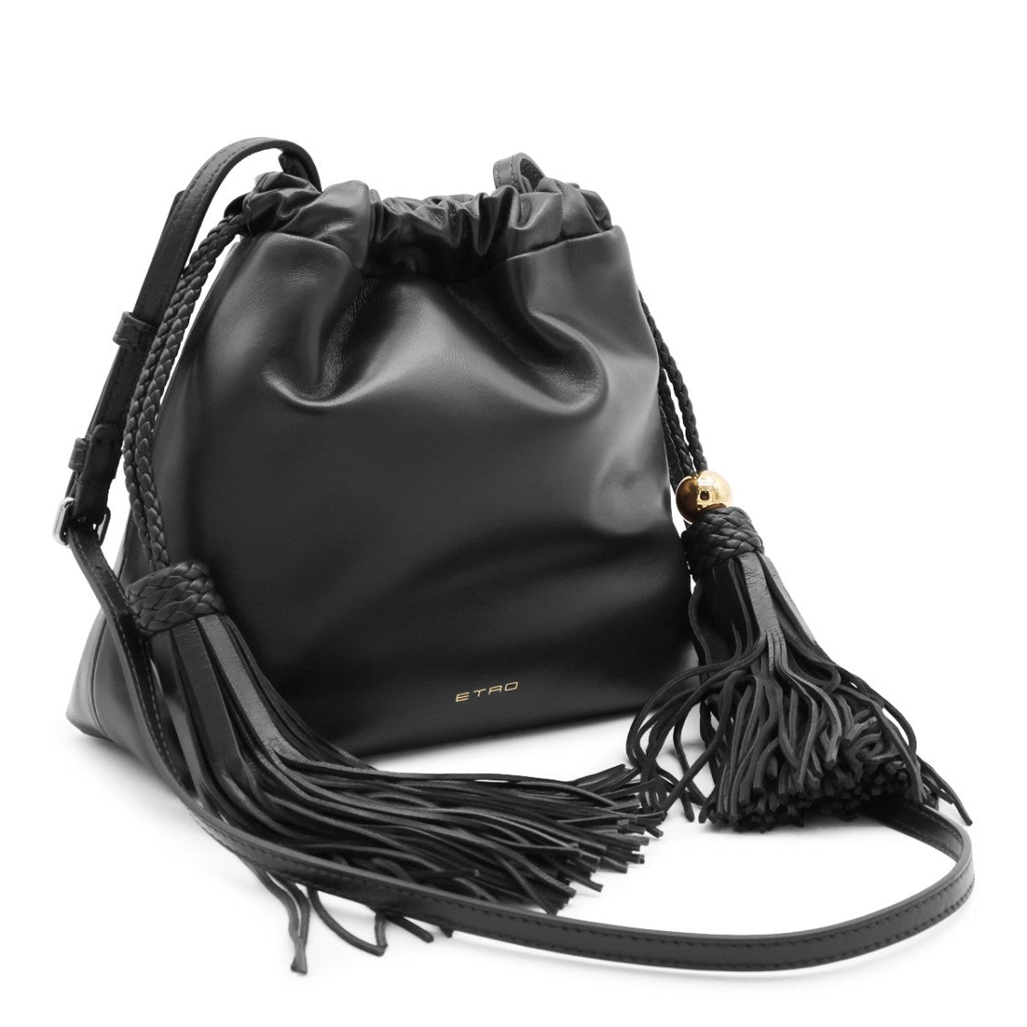 Etro Soft Black Drawstring Bag With Fringed Tassels