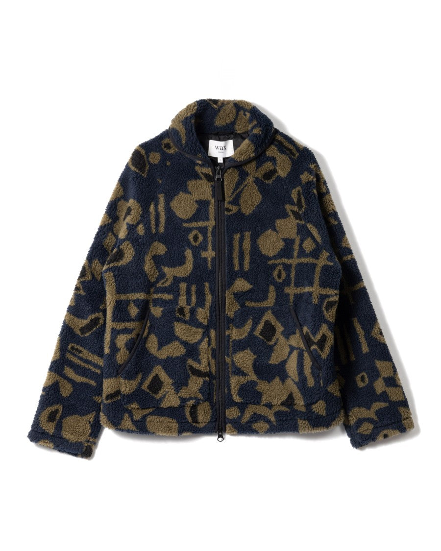 Wax London Navy Fleece Jacket With Khaki Abstract Pattern