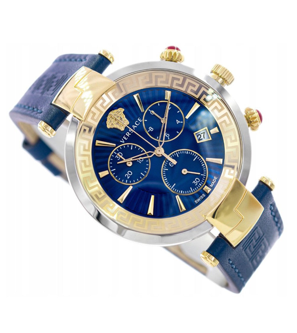 Versace Chronograph Watch With Blue Dial And Calf Leather Strap