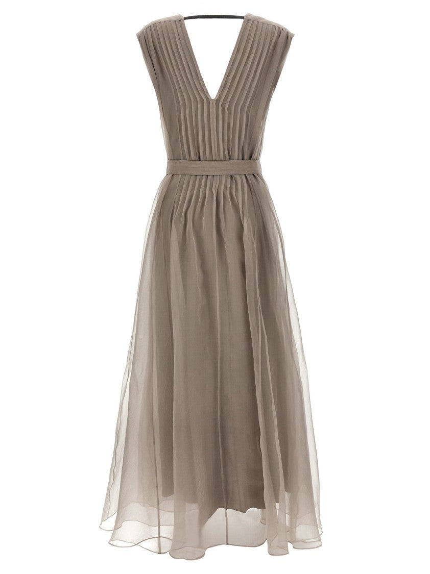 Brunello Cucinelli Pleated Silk Midi Dress With Monile Detail