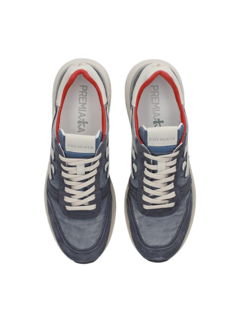 Premiata Blue Leather And Technical Fabric Sneakers With Cushioned Sole