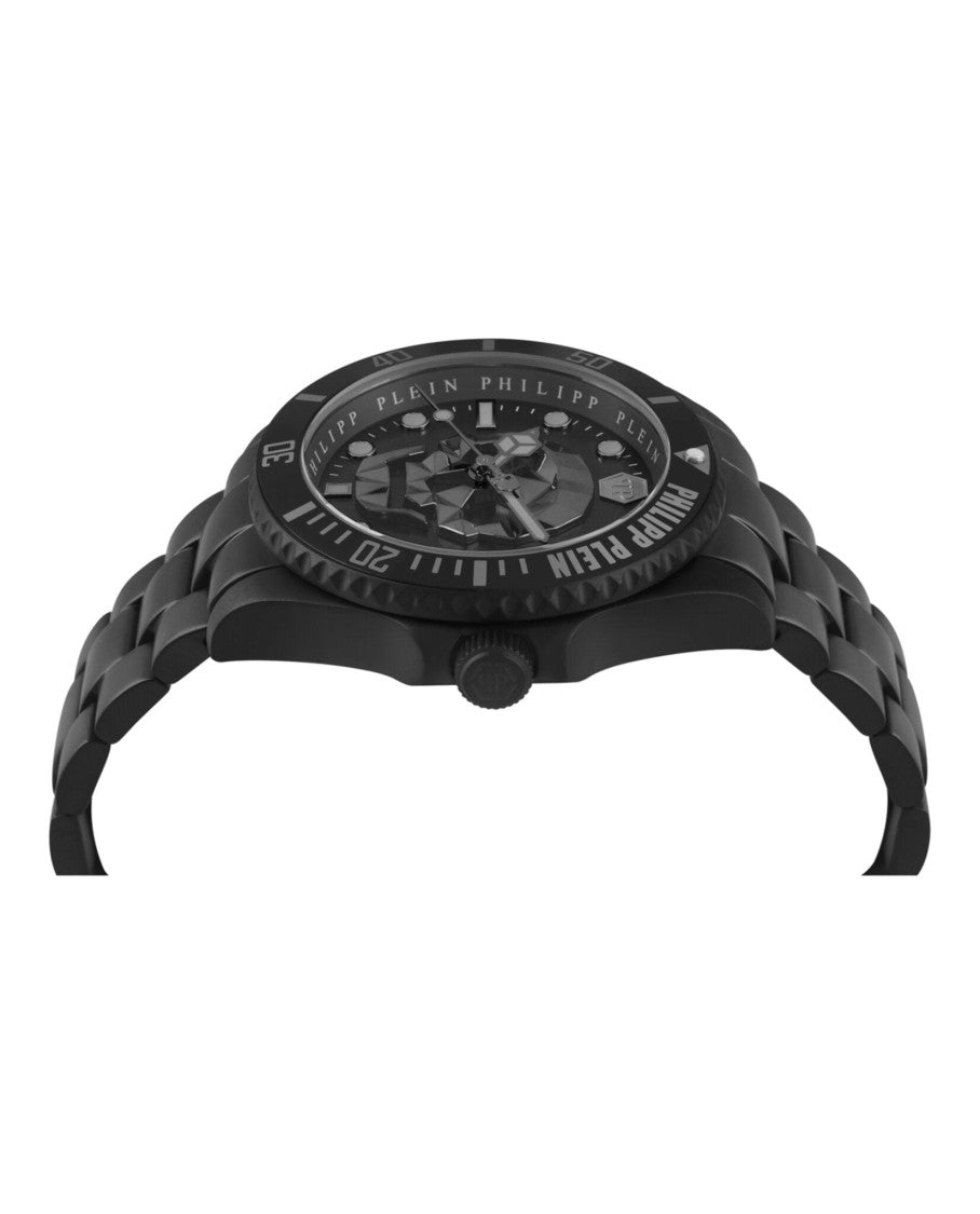 Philipp Plein Bold Skull Motif Diver Bracelet Watch With Textured Dial