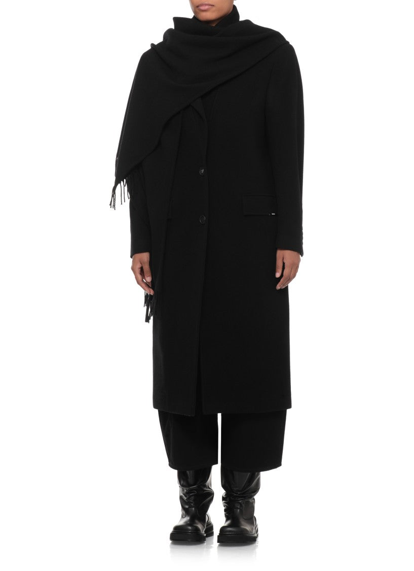 The Attico Long Black Coat With Two-Button Closure And Built-In Fringed Scarf