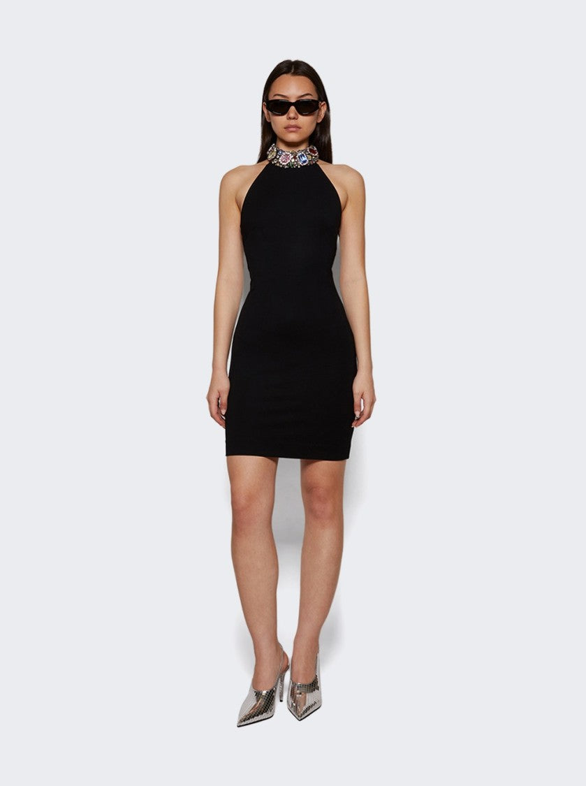 Area Crystal Gemstone Cluster Halter Mini Dress Black