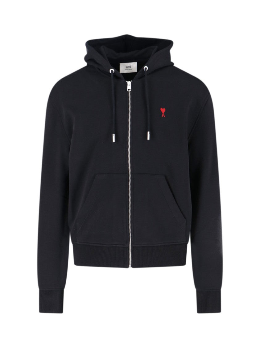 Ami Paris Full-Zip Hooded Sweatshirt With Embroidered Logo