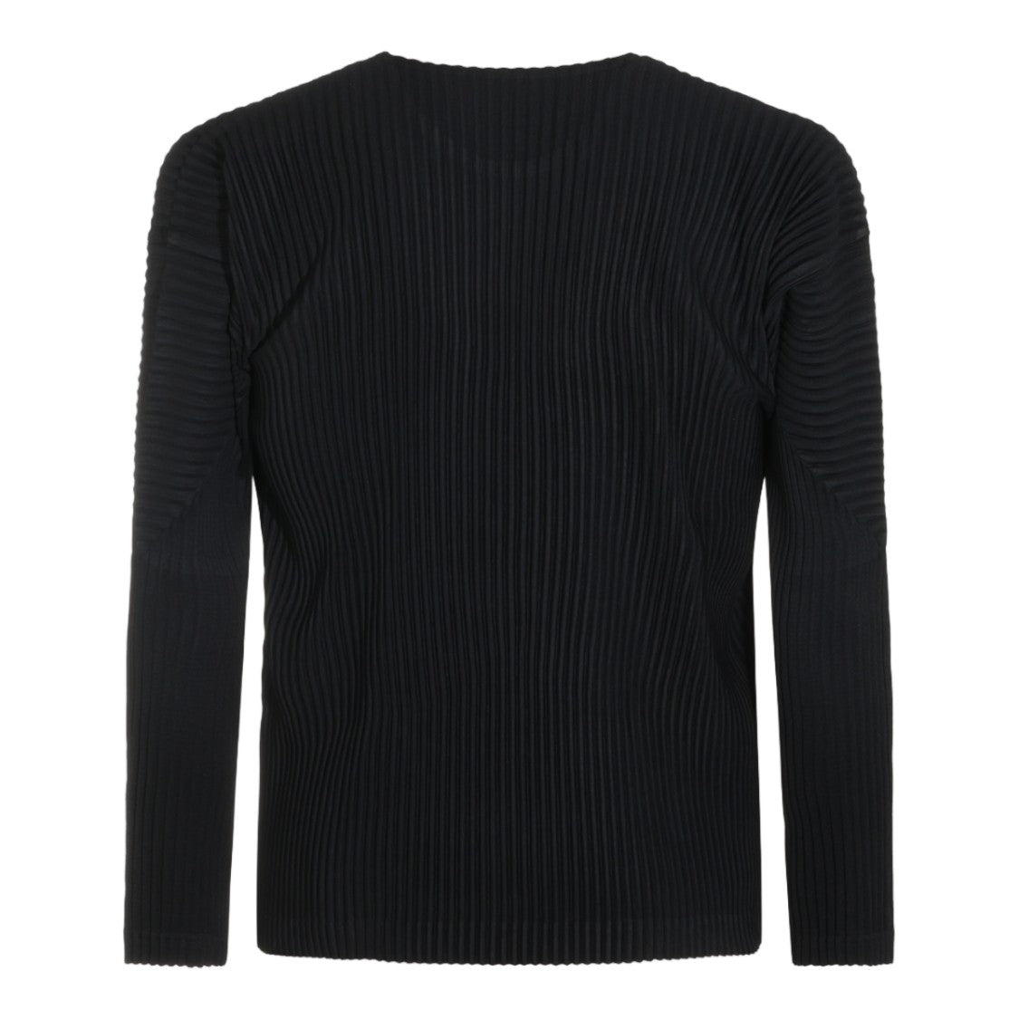 Homme Plissé Issey Miyake Vertical Pleated Black Top With Round Neckline And Long Sleeves