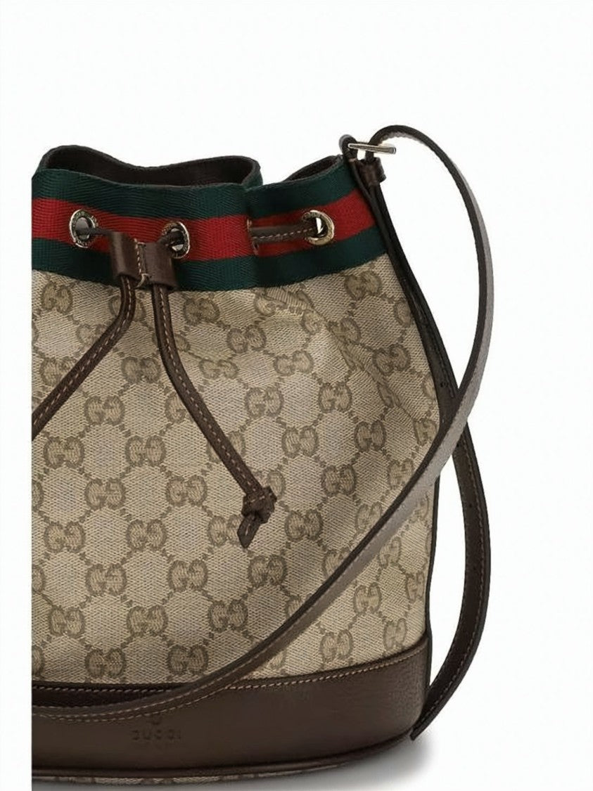 Gucci Canvas Bucket Shoulder Bag With Monogram Pattern And Leather Accents
