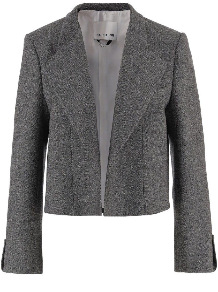 Sa Su Phi Cropped Stretch Wool And Cashmere Jacket With Wide Lapel Collar