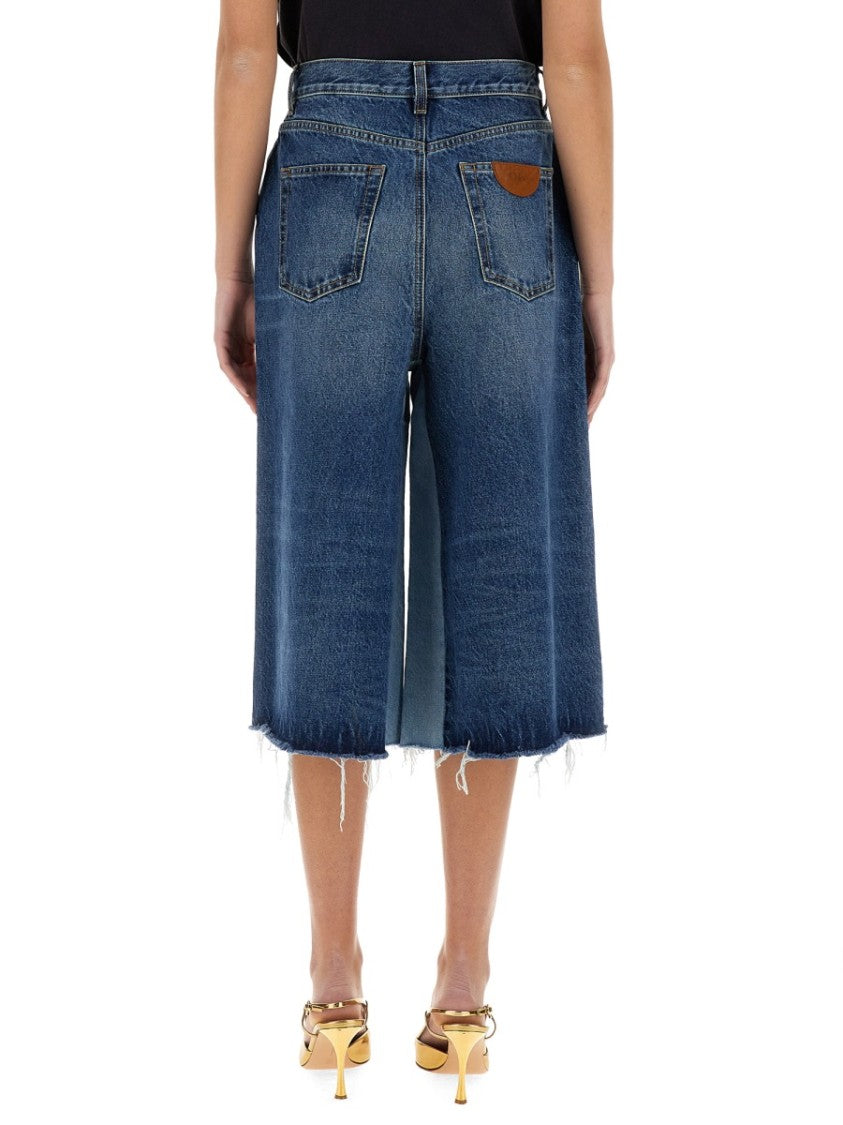 Chloé Patchwork Denim Bermuda Shorts With Artisanal Design